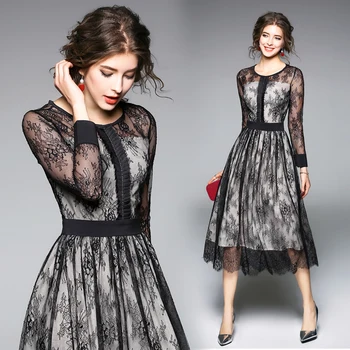 

2018 spring new European fashion A word long sleeve lace dress black vintage women sexy party o neck mesh pleated clothes outfit