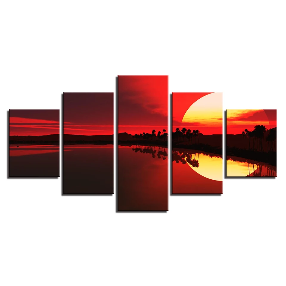 Украшения Современные принты настенные художественные 5 шт. красное небо озеро лес закат пейзаж картины плакат рамки модульные картины холст