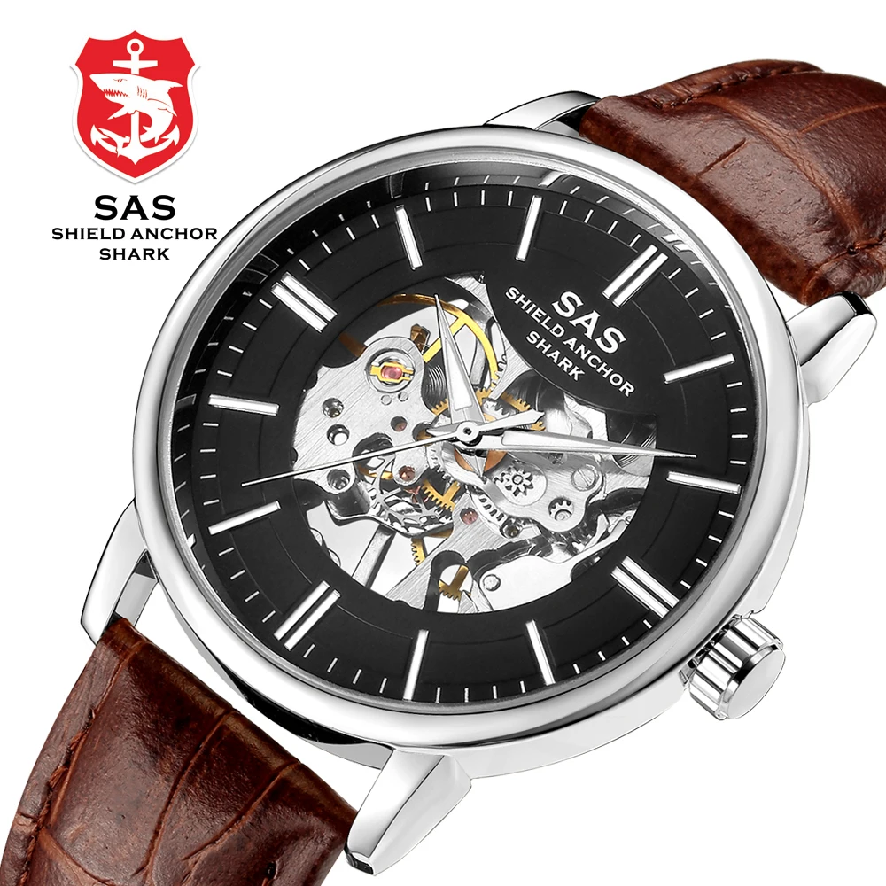 

SAS Top Brand Men's Mechanical Watch Men Fashion Skeleton Watch Leather Strap Luxury Business Men Watch Male Clock reloj hombre