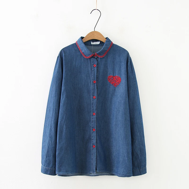 

Plus size denim Embroidered women shirts jacket 2019 spring casual ladies turn-down collar long sleeve blouse coats female tops
