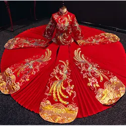 Красный китайский Женский вышитый феникс свадебный костюм атласный воротник мандарина роскошный Ципао Cheongsam классический благородный