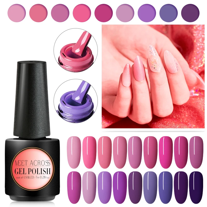 

MEET ACROSS Pink Purple Color Gel Polish 7ml Long Lasting Gel Nail Polish Soak Off UV LED Gel Varnishes DIY Nail Art Polish Gel