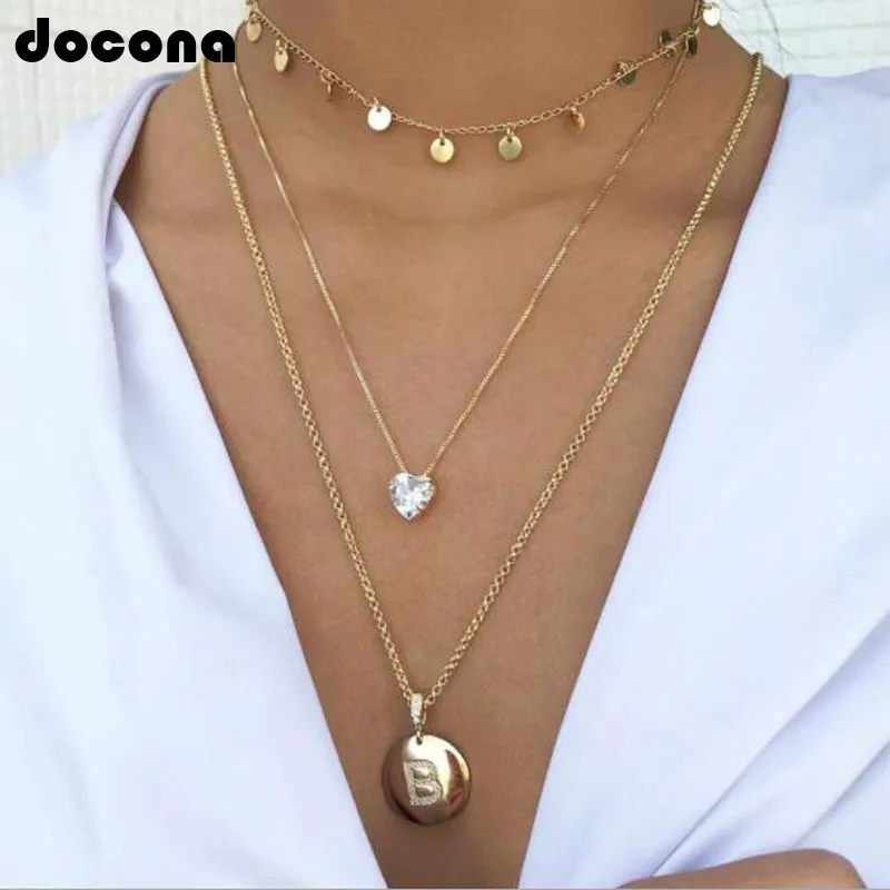 

Docona Charm Retro Metal Gold Heart Letter Sequins Choker Pendant Necklace For Women Fashion Multilayer Necklaces Collares 7113