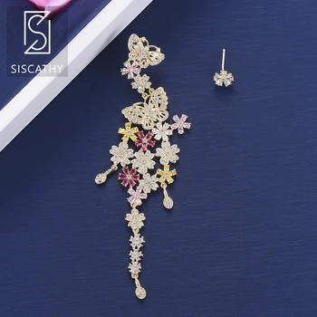 

SISCATHY Trendy Asymmetric Flower Cubic Zirconia Long Pendant Wedding Earrings Party Dangle Drop Earrings fashion jewelry 2019