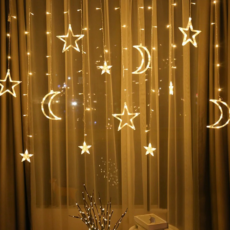 Рождественская гирлянда с Лунной звездой, светодиодный светильник-Гирлянда для занавесок, 220 В, 3,5 м, внутренний светодиодный вечерние садовые сцены, наружный декоративный светильник