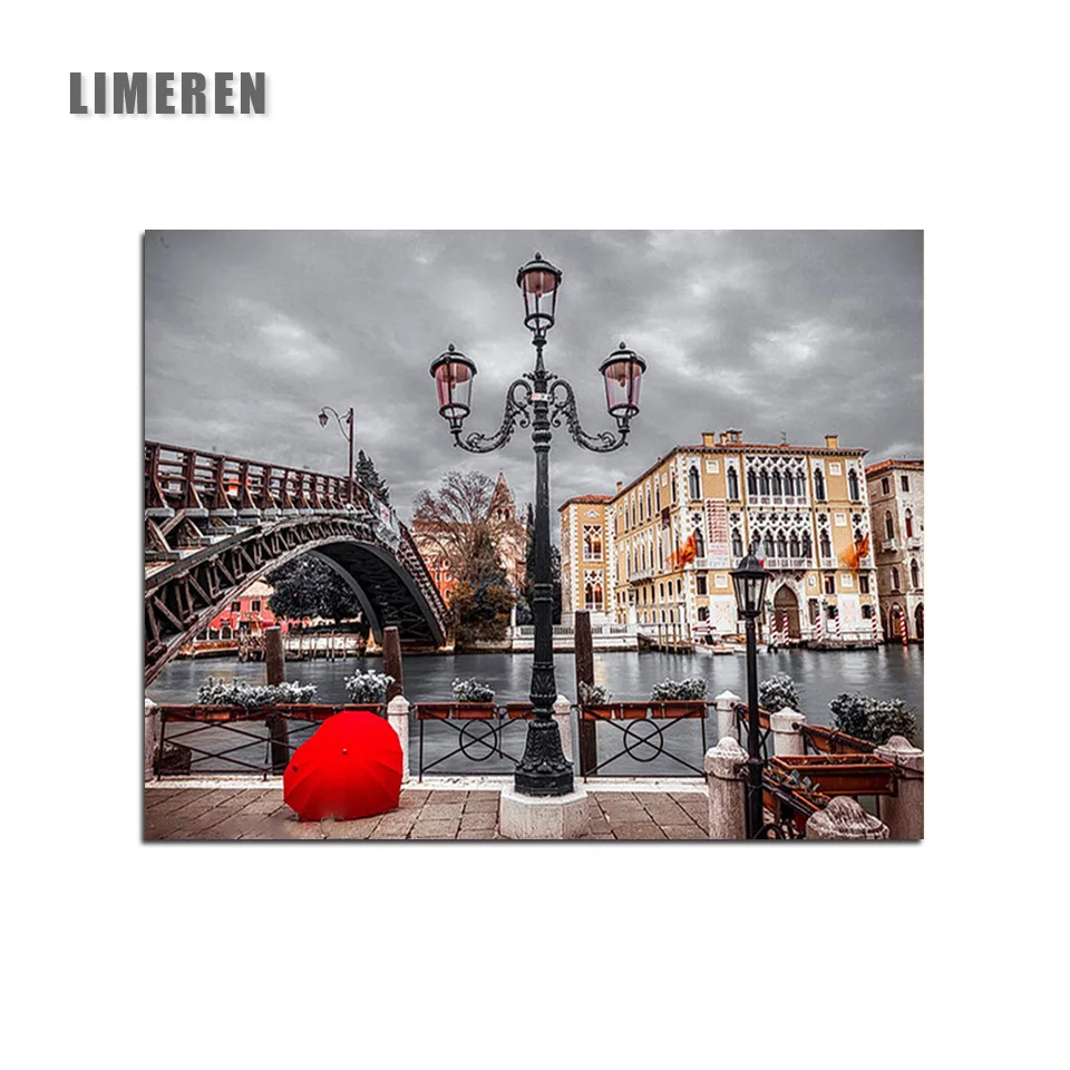 

Frameless Street scene Bridge rope Painting By Numbers Street light river Coloring By Numbers
