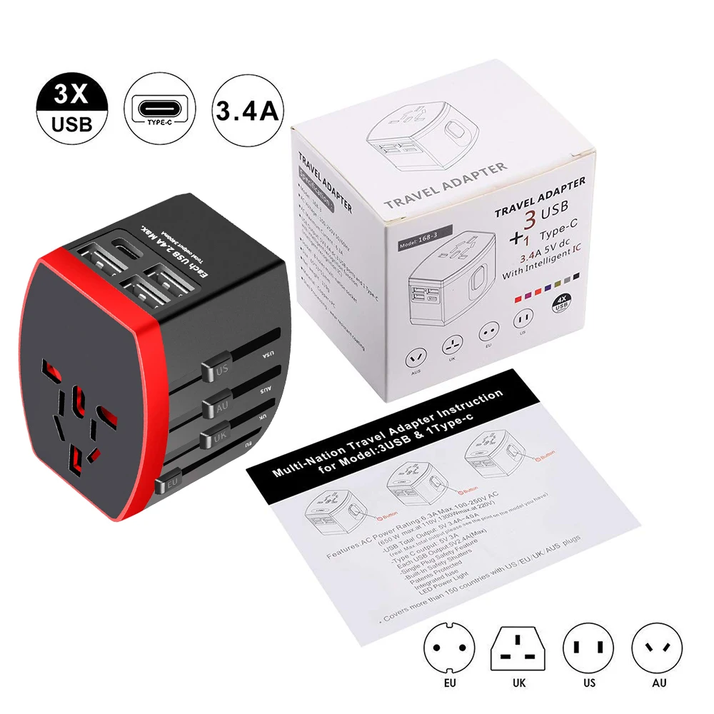 Travel Adapter, Universal Power Adapter, All-in-one with Type C, for UK/EU/AU/US