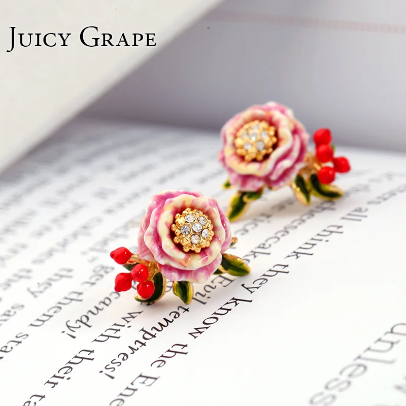 

Monet Garden Series Pink Flower Red Fruit Enamel Stud Earrings Women brincos Fashion Animal Flower Jewelry Orecchini Donna
