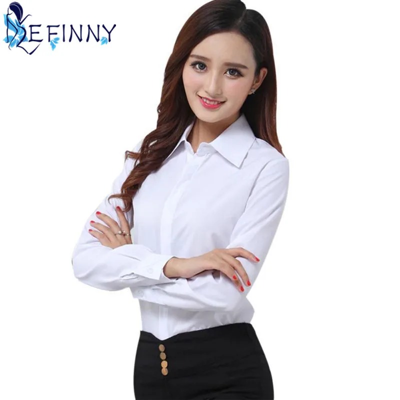أفضل بيع الإناث الأعمال قميص الكلاسيكية النساء الرسمي الكامل كم الصلبة بدوره إلى أسفل طوق ضئيلة بلوزة