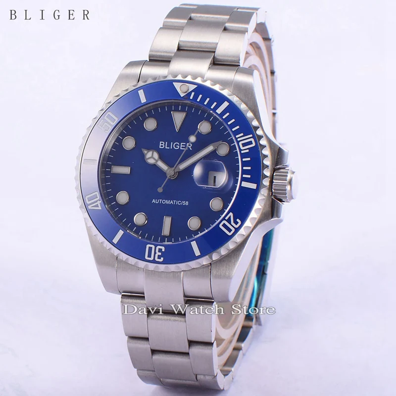 

BLIGER 43mm blue Ceramic Bezel dial Luminous sapphire automatic Date Day mens watch