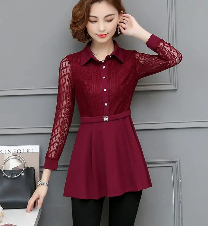 

Free Shipping Plus Size M-5XL OL Style Leisure Turn-down Collar Long Sleeve Collect Waist Woman Lace Chiffon Long Blouse