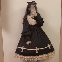 Gothic palace sweet lolita dress vintage lace o-neck cross thickening victorian dress kawaii girl gothic lolita op loli cosplay sweet plunging neck lace spliced cross back midi dress for women