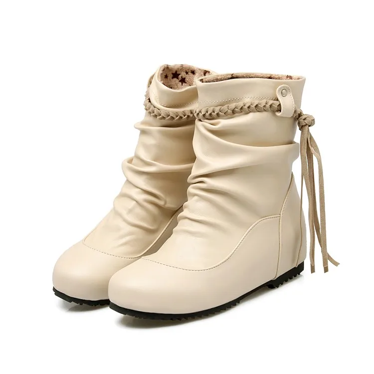 Г. Большие размеры 30-52, Botas Mujer, зимние ботинки новые женские ботинки с круглым носком и пряжкой, пикантные модные зимние ботильоны повседневная обувь 504 - Цвет: Бежевый