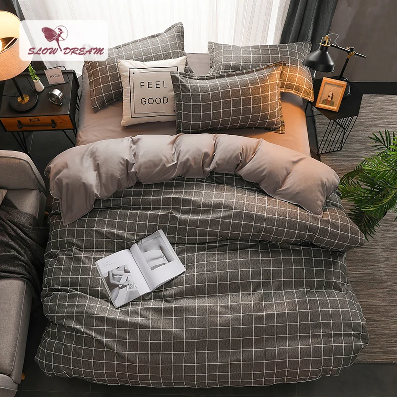 

Slowdream Grid Bedding Set Double Queen Bedspread Bed Linen Japan Style Mans Bed Sheet Pillowcases Adult 3/4PCS Duvet Cover Set