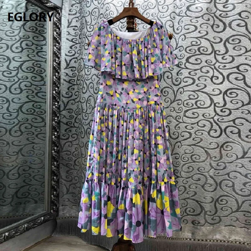 

One Piece Dress 2019 Summer Fashion Cotton Dress High Quality Women O-Neck Purple Yellow Floral Print Mid-Calf Pleated Dress