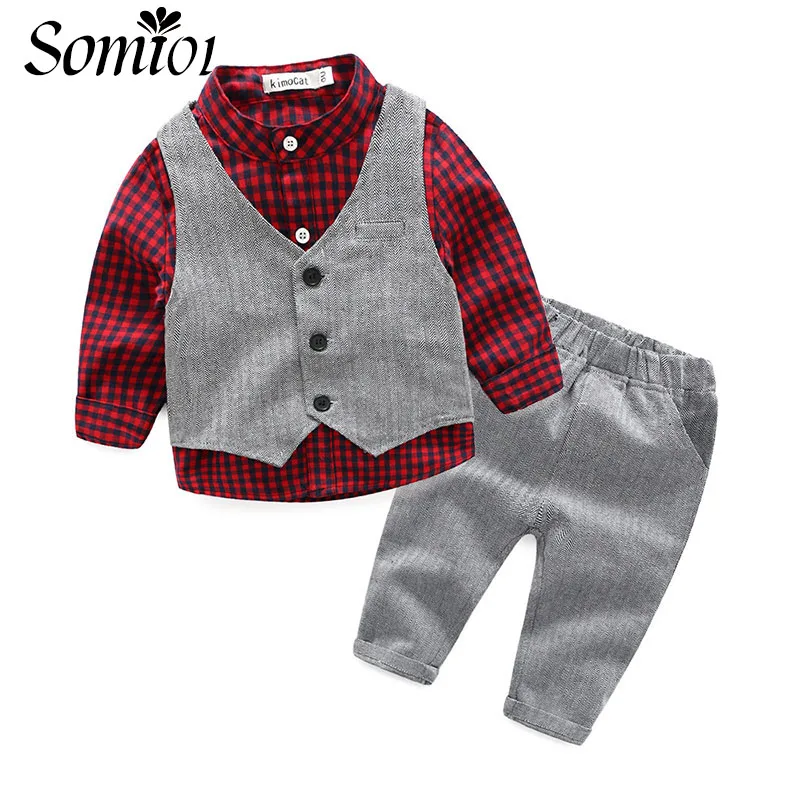 2017 New Trendy Baby Boy Clothes 3 Pieces Sets Vest + Plaid Shirt