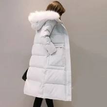 Зимний длинный женский пуховик размера плюс 3XL, утолщенный теплый пуховик на белом утином пуху, зимняя модная верхняя одежда с капюшоном и меховым воротником