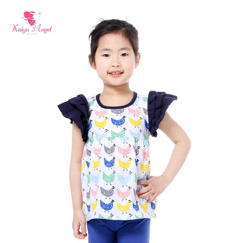 

2018 Summer Girls Shirts 3 Ruffle Sleeve Top Icing Floral Print Shirt 1-8T Easter Chicken Feather Toddler Girl Shirts Wholesale