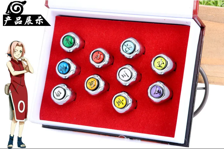 

10 pcs/set Naruto figure Rings Cosplay NARUTO Akatsuki Member's Ring Pendant Set New (color box not include)