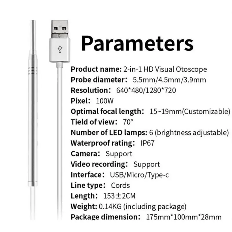 HD ухо очистки инспекции эндоскоп бороскоп визуальный Отоскоп камера 3,9-5,5 мм