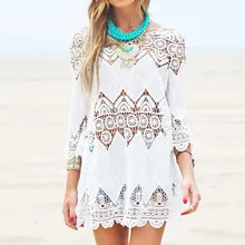 Vestidos 2018 Лето Boho Для женщин пляжные Мини белое платье Элегантный Половина рукава Кружево цветочные крючком выдалбливают одноцветное платье с длинным Топы корректирующие