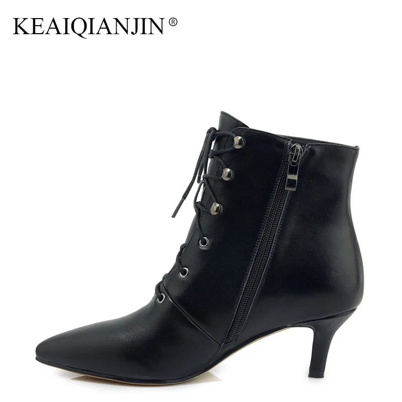 

KEAIQIANJIN Woman Genuine Leather Plus Size 33 Ankle Boots Autumn Winter Black High Heeled Shoes Metal Decoration Martin Boots