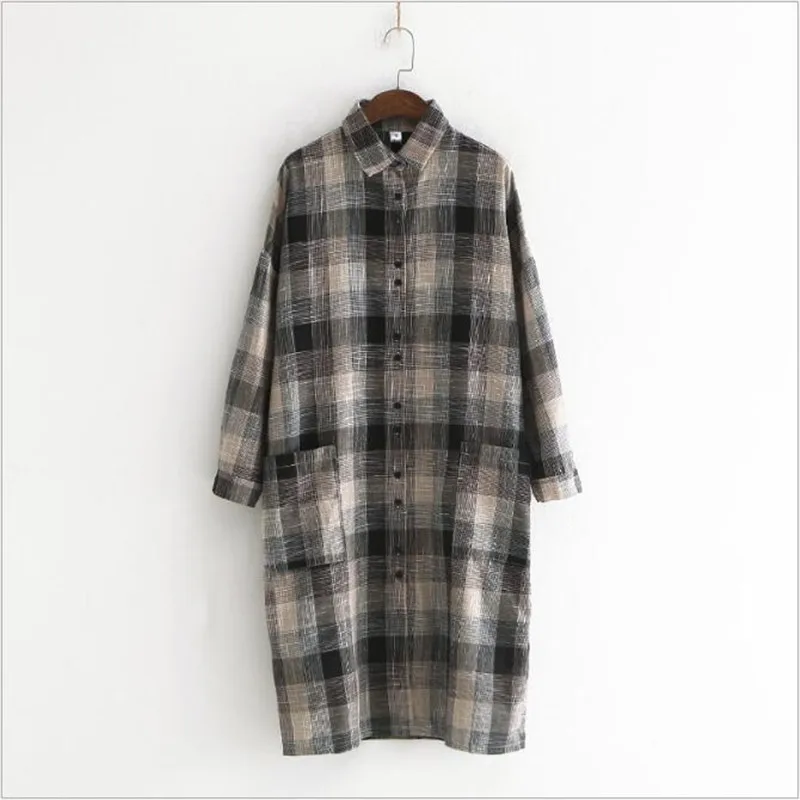 Женская длинная рубашка в клетку из хлопка и льна|shirt female|long shirtplaid women |