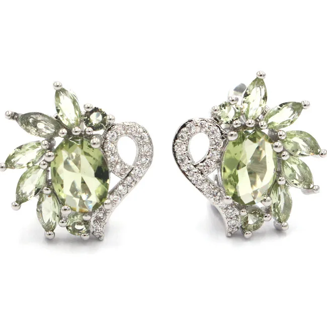 

Elegant Green Amethyst White CZ SheCrown Woman's Present Silver Dangle Earrings 18x16mm