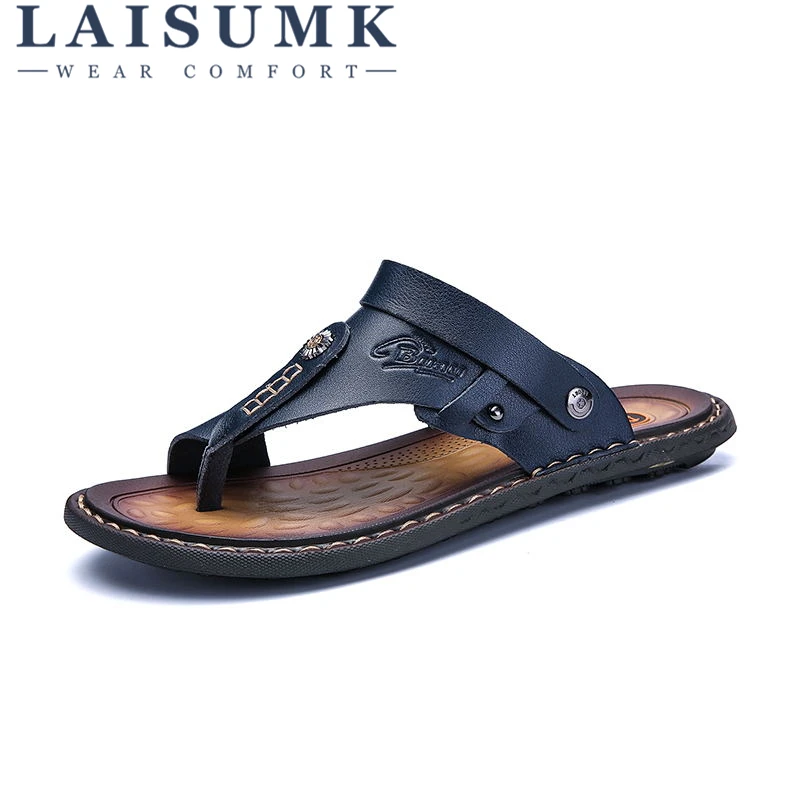 online 2018 LAISUMK Verão Sandálias Homens Sandálias de Praia Casuais Chinelos de Couro Dos Homens Ao Ar Livre Respirável Homens Slip On Shoes Flip Flops