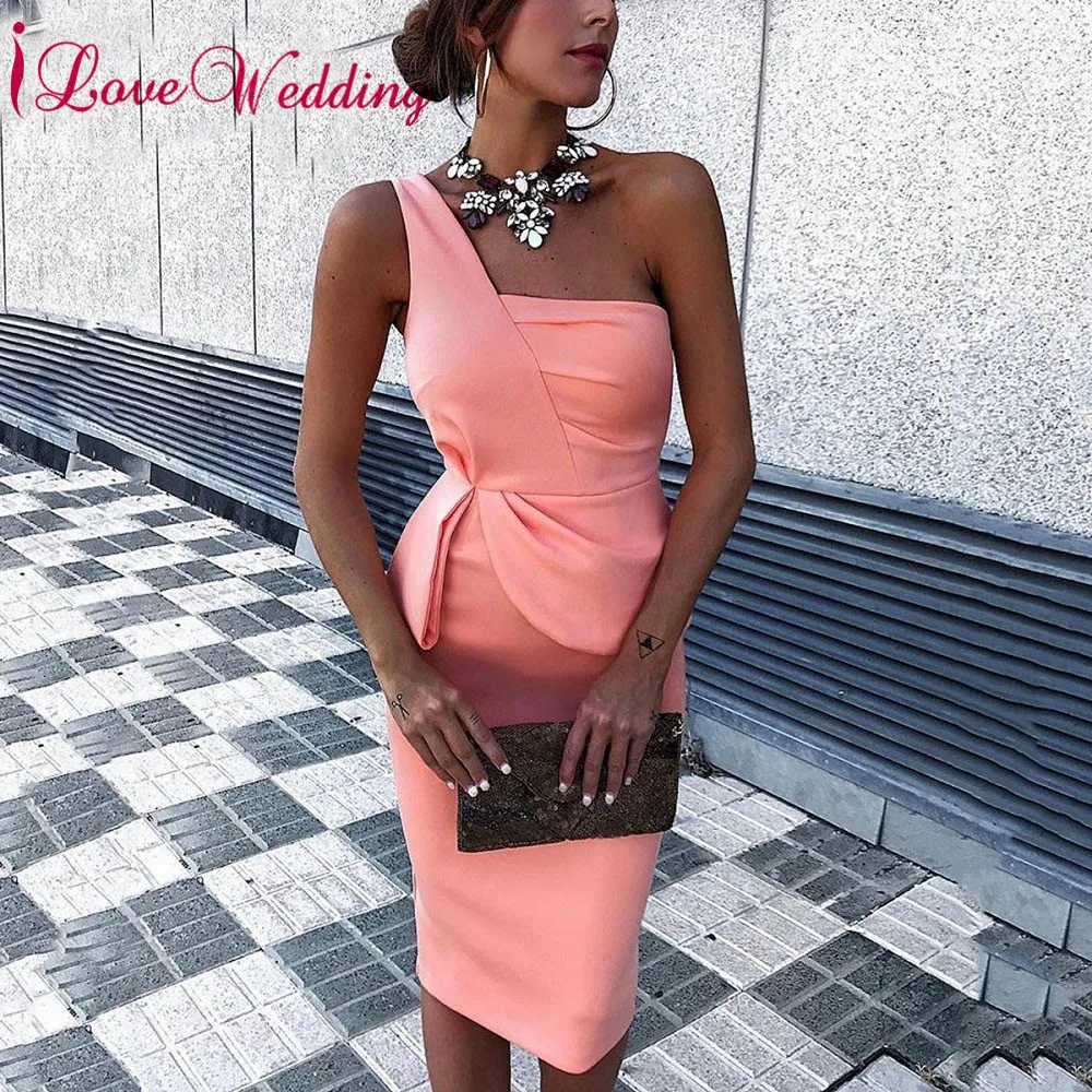 

Sexy One Shoulder Cocktail Dresses 2019 Straight Short Dress custom made Knee Length Homecoming Party Dresses