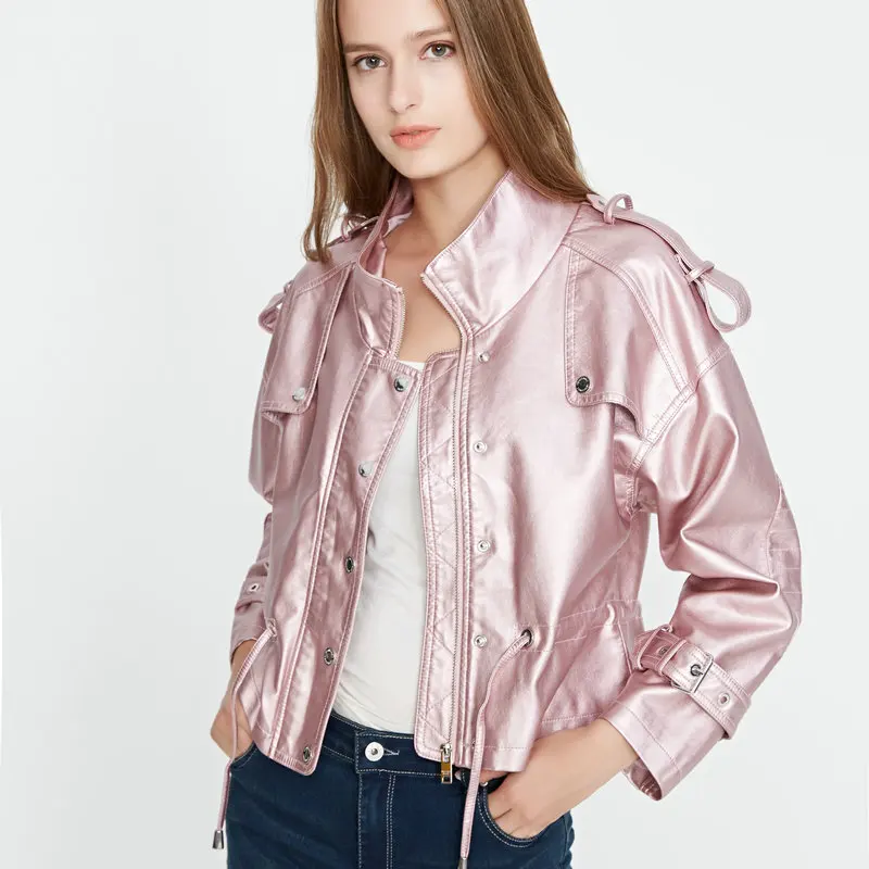 

2019 New Arrival Spring Autumn Women Casual PU Faux Leather Jackets Lady Fashion Free Loose Batwing Sleeve Coat Outerwear Pink
