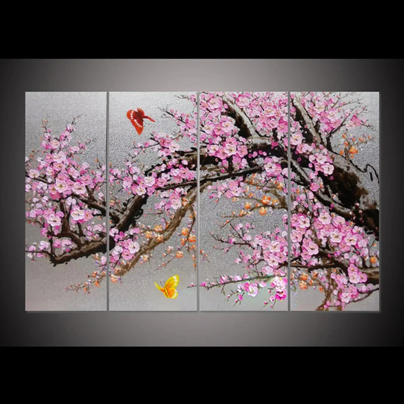 

Hand-painted blooming pink plum blossom flower wall art picture4 pieces on set oil painting for living room bedroom home decor