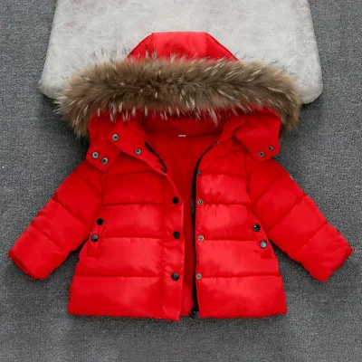 Новая детская зимняя одежда с капюшоном, пальто для маленьких мальчиков и девочек, зимняя одежда, пуховая хлопковая теплая верхняя одежда, пальто с меховым воротником - Цвет: Красный