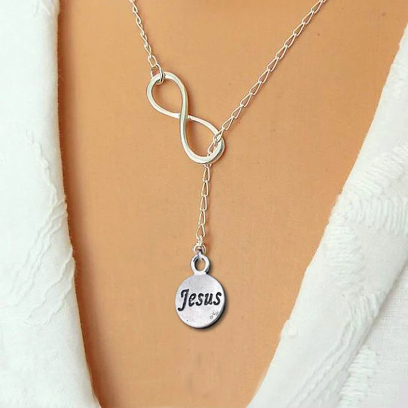 

Hot Sale Simple Infinite "8" And JESUS Pendant Necklace For Women Jesus Piece Gothic Collares Silver Plated Chain Necklace