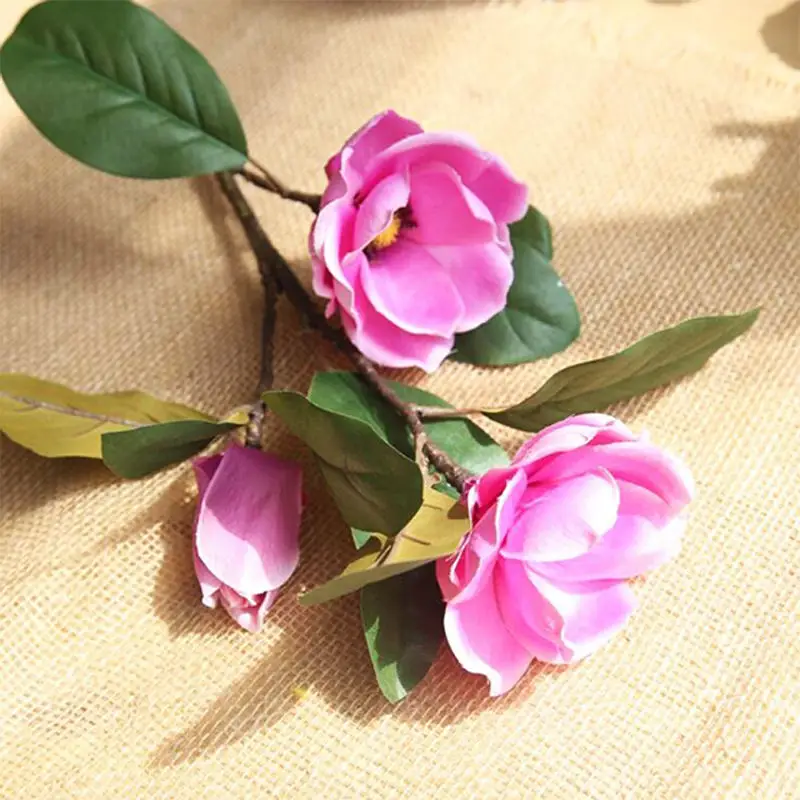 Свадебные украшения Шелковые цветы искусственная Магнолия ветвь цветка длинный ствол 3 головки для дома сад Декоративные искусственные цветы - Цвет: Фиолетовый