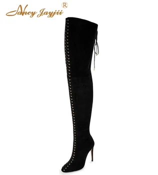 

Nancyjayjii Women Black Snow Winter Over the Knee Lace Up High Heels Shoes Woman Plus Size 5-14 Zapatos Mujer Casual&Party