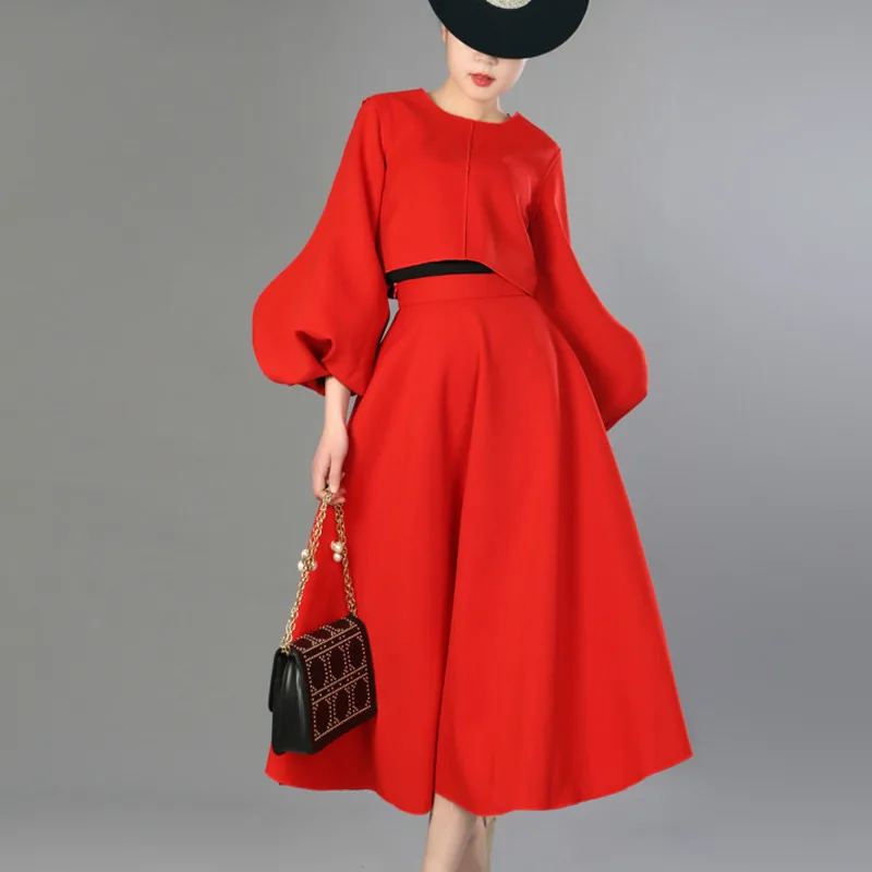 

2019 Red High Street Fashion Women two piece set Lantern Full Sleeve Short Top Blouse + High Waist Midi Skirt Female Set Vestido
