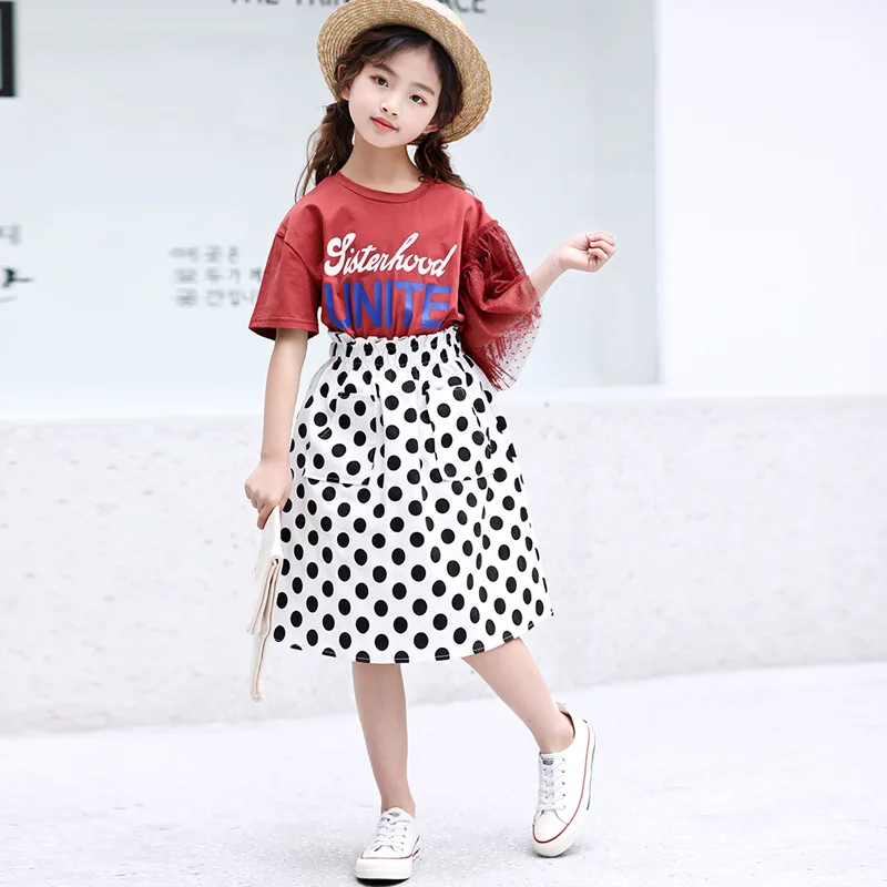 

Summer Girls Clothing Set Child Clothes Boutique Toddler Outfits Kid Child Lace Sleeve Top + Polka Dots Skirt 2 to 13 Years