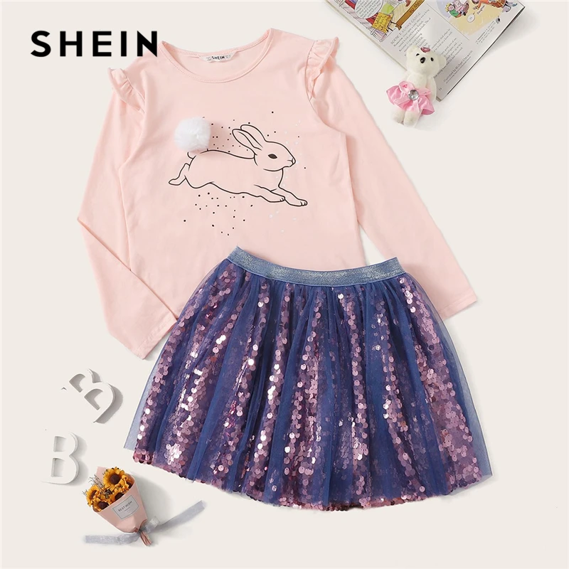 

SHEIN Kiddie Pompom Frill Cartoon Top and Mesh Sequin Skirt Girls Clothing Two Piece Set 2019 Spring Long Sleeve Teenage Suit