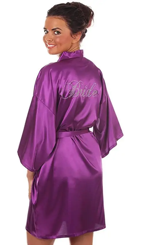 Атласные свадебные халаты из искусственного шелка для невесты, белые халаты для невесты/халаты-кимоно, рисунок «Невеста» на спине - Цвет: purple  bride