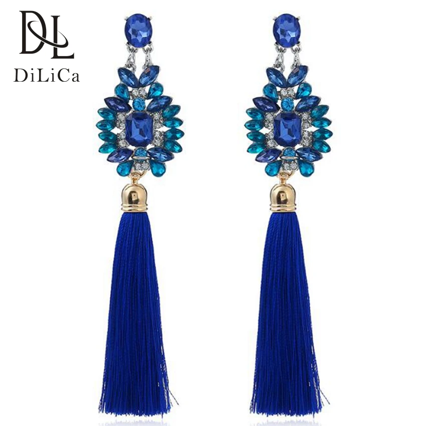 

DiLiCa Women Fringe Earrings Female 2019 Bohemia Earrings Long Blue Earrings Tassels pendientes flecos aretes azules largos