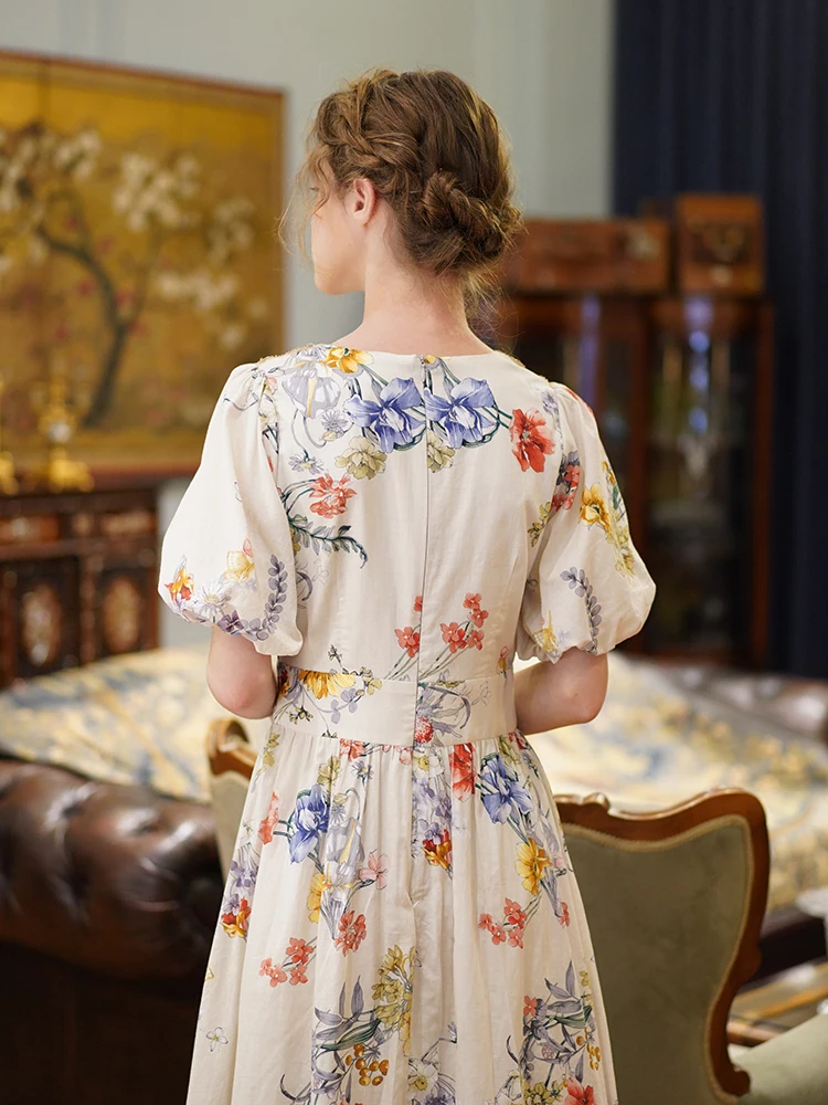 LYNETTE'S CHINOISERIE Summer Original Design Women Mori Girls Rustic Floral Print Slim French Vintage Breathable Cotton Dresses