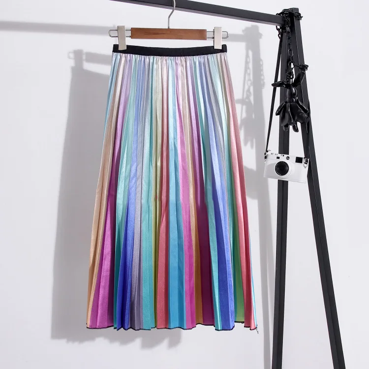 Модная плиссированная Радужная юбка с высокой талией, весенне-летние юбки для женщин, эластичная трапециевидная юбка средней длины до середины икры, длинные юбки