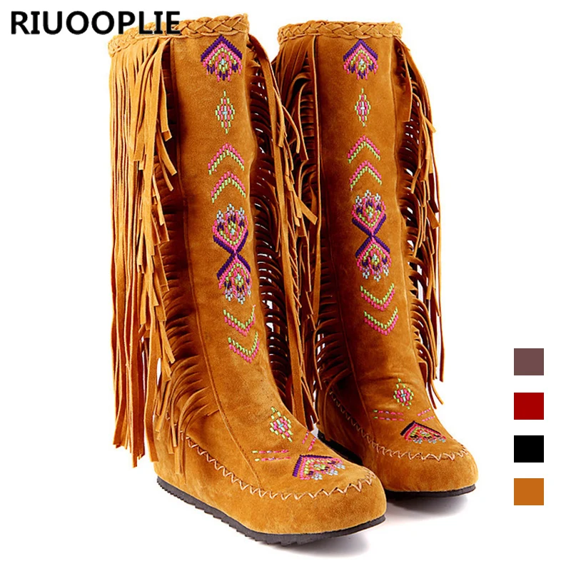 

RIUOOPLIE 1 Pair Chinese Nation Style Flock Leather Women Fringe Flat Heels Long Boots Woman Tassel Knee High Boots Size 35-39