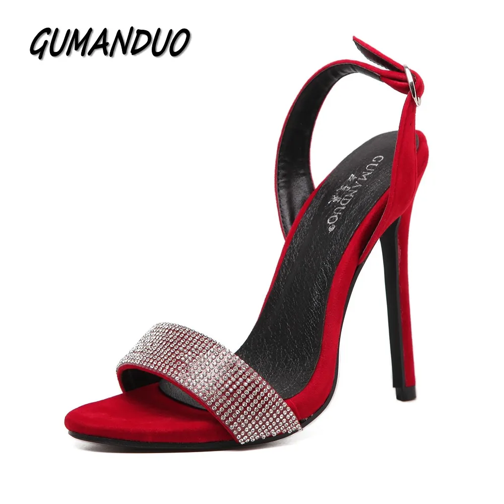 

GUMANDUO New women pumps high heels sandals shoes woman sexy slingback rhinestone party wedding stilettos thin heels shoes