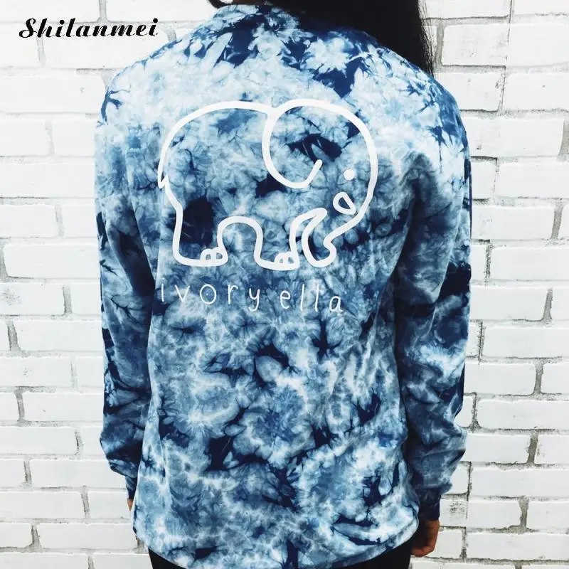 Skup Wiosna lato kobiety T koszula z długim rękawem krawat barwnik nadruk słonia najlepsi przyjaciele koszulka Streetwear panie Blusa topy koszulkę Femme