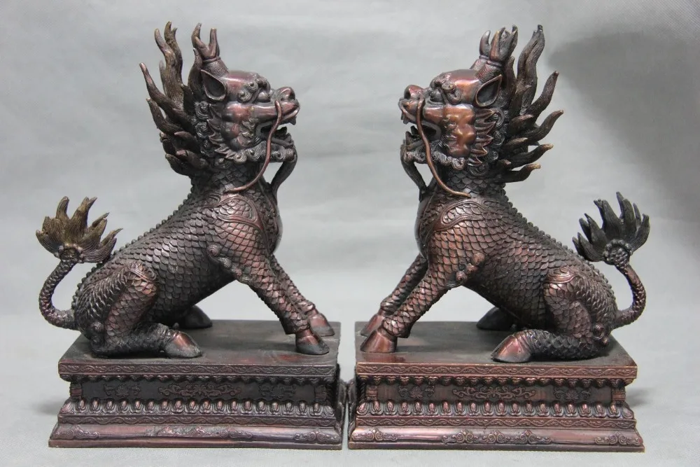 

Chinese Red Bronze Copper Feng shui Foo Dog Lion Kilin Kylin Brave troops Pair