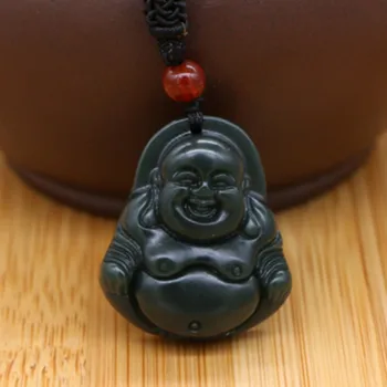 

Natural Dark Green Stone Pendant Pot-bellied Laughing Buddha Maitreya Pendant Necklace Men Jewelry Free Rope