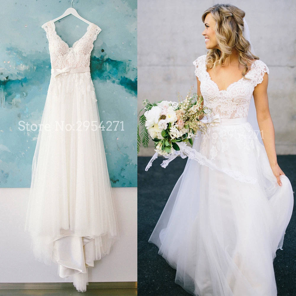 

Vestidos De Novia Lace Wedding Dress 2017 A Line Cap Sleeves Sweep Train Tulle Bridal Dresses Robe De Mariage