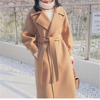 

Plus size loose warm wool blends long winter coat turn-down collar adjustable belt wool coats women office work wear elegant J981